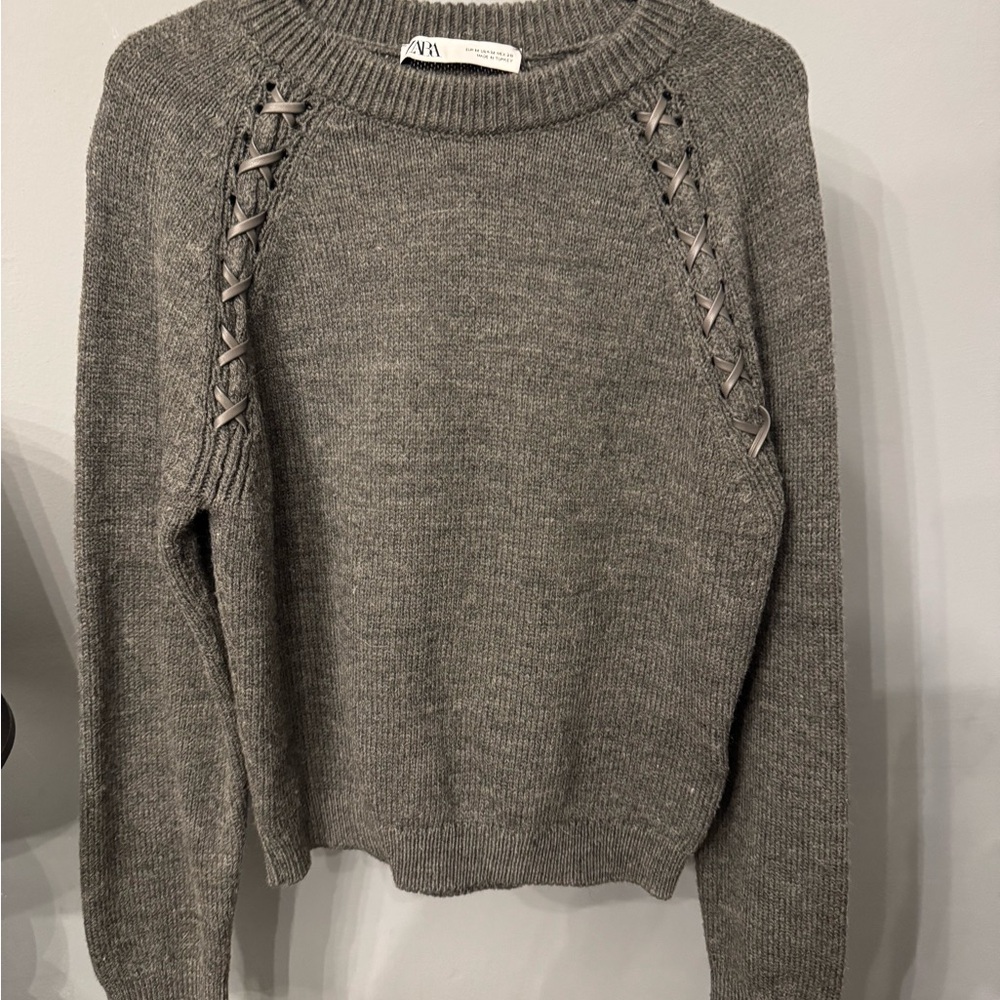 Zara Heather Gray Sweater with Lace-Up Detail